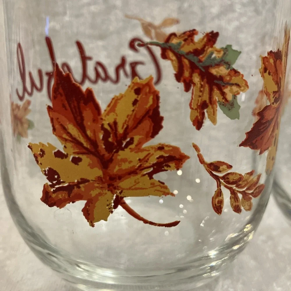 Thanksgiving Fall Leaves Stemless Wine Water Glasses GRATEFUL Table Barware (4)